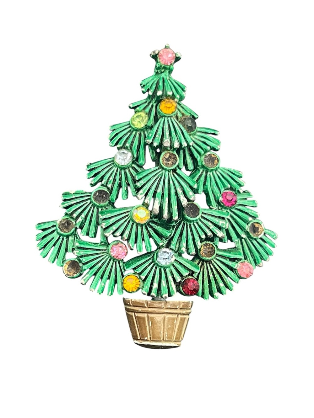 Christmas tree holiday multi colored rhinestone enamel Mid century brooch pin